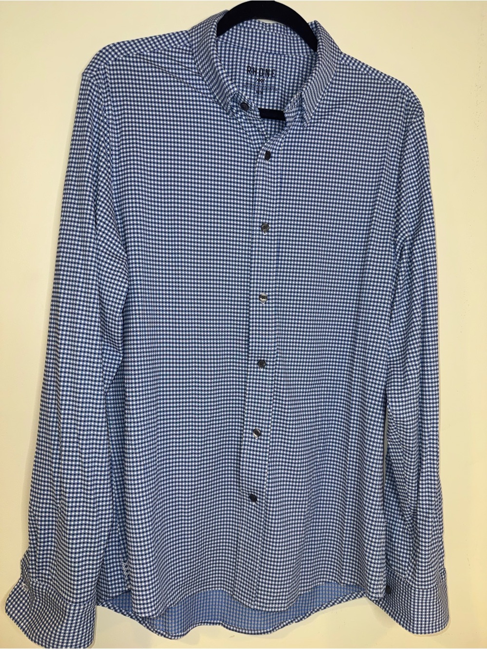 Rhone Commuter Men’s M Blue White Micro Gingham Performance Shirt